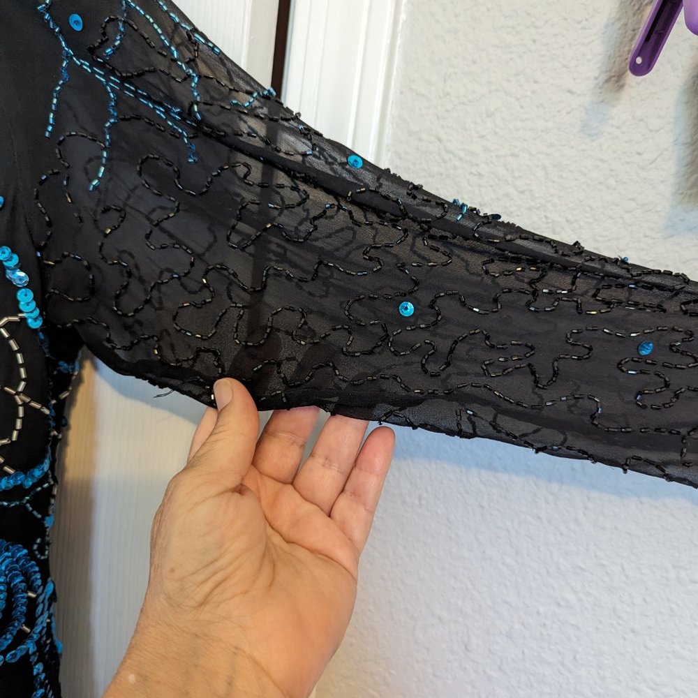 DAZZLING SILK | BEADED & SEQUIN | Vintage | Black Tie Top | L | EVC - Picture 9 of 11